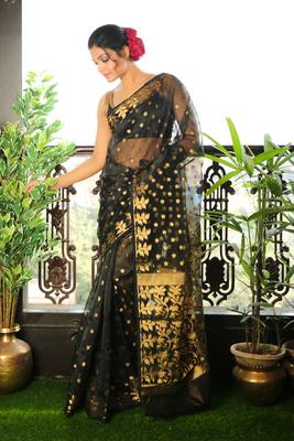 Black woven blended cotton saree with blouse 1