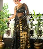 Black woven blended cotton saree with blouse
