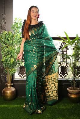 Green woven blended cotton saree with blouse 1