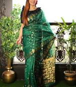 Green woven blended cotton saree with blouse