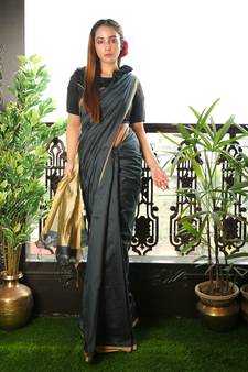 Black plain blended cotton saree with blouse