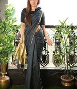 Black plain blended cotton saree with blouse