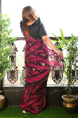 Black hand woven blended cotton saree  2