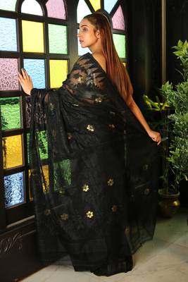 Black hand woven blended cotton saree  2