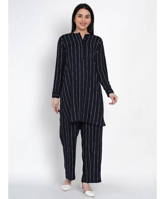 women navy rayon white stripe kurta and pant co-ord set 1
