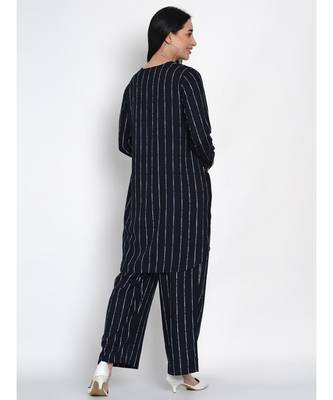 women navy rayon white stripe kurta and pant co-ord set 2