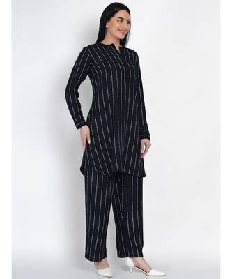 women navy rayon white stripe kurta and pant co-ord set 3