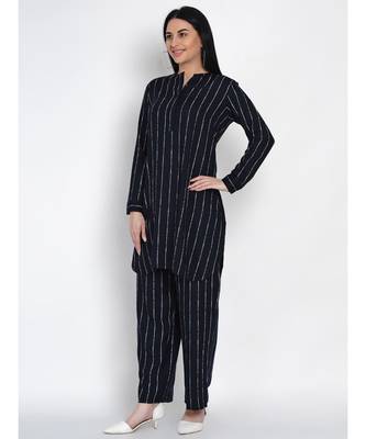women navy rayon white stripe kurta and pant co-ord set 4