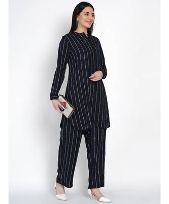 women navy rayon white stripe kurta and pant co-ord set 5