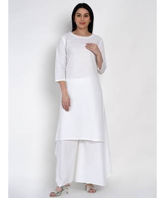 women basic essential cotton white kurta with white assymetrical pant 1