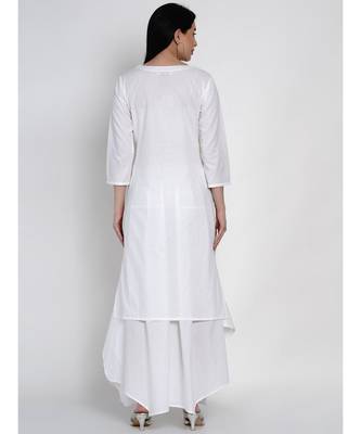 women basic essential cotton white kurta with white assymetrical pant 2