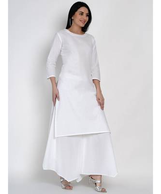 women basic essential cotton white kurta with white assymetrical pant 3