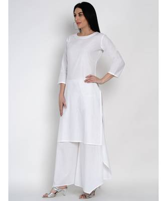 women basic essential cotton white kurta with white assymetrical pant 4