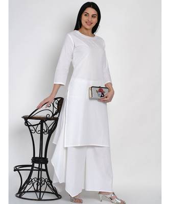 women basic essential cotton white kurta with white assymetrical pant 5