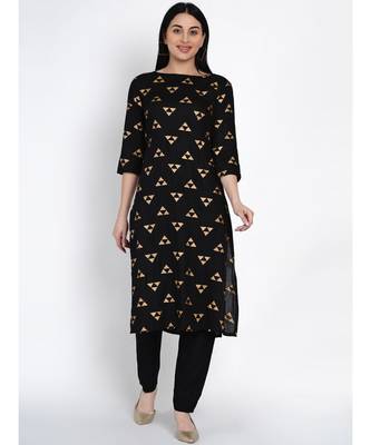 women black rayon straight kurta with gold foil print 1