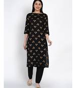 women black rayon straight kurta with gold foil print