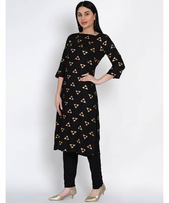 women black rayon straight kurta with gold foil print 4