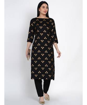 women black rayon straight kurta with gold foil print 5