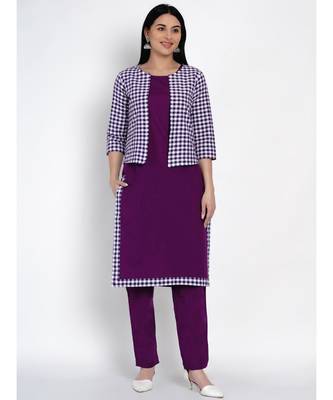 women purple cotton straight kurta and pant set with purple and white jacket 1
