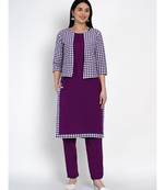 women purple cotton straight kurta and pant set with purple and white jacket