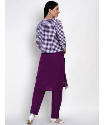 women purple cotton straight kurta and pant set with purple and white jacket 2
