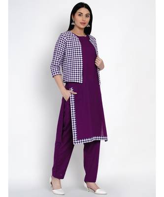 women purple cotton straight kurta and pant set with purple and white jacket 3