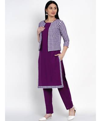 women purple cotton straight kurta and pant set with purple and white jacket 4