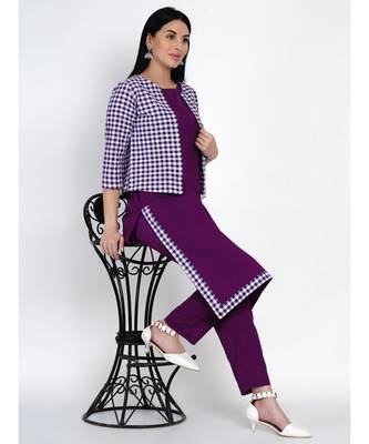women purple cotton straight kurta and pant set with purple and white jacket 5