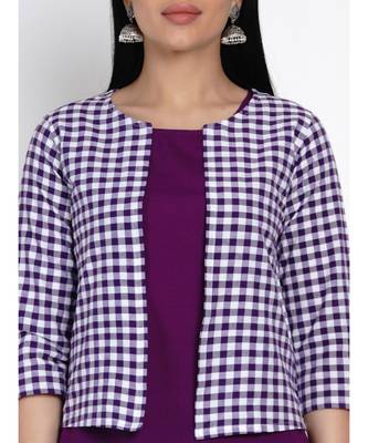 women purple cotton straight kurta and pant set with purple and white jacket 6