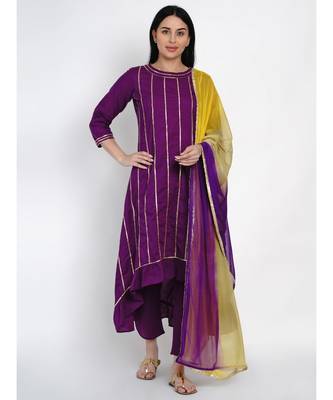 women purple cotton assymetrical kurta and petal pant set along tie and dye dupatta embellished with gota 1