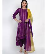 women purple cotton assymetrical kurta and petal pant set along tie and dye dupatta embellished with gota
