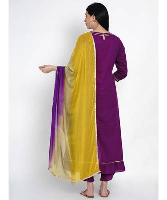women purple cotton assymetrical kurta and petal pant set along tie and dye dupatta embellished with gota 2