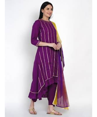 women purple cotton assymetrical kurta and petal pant set along tie and dye dupatta embellished with gota 3