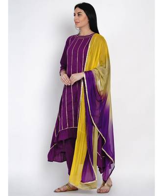 women purple cotton assymetrical kurta and petal pant set along tie and dye dupatta embellished with gota 4