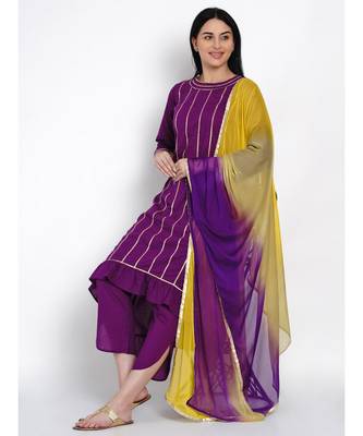 women purple cotton assymetrical kurta and petal pant set along tie and dye dupatta embellished with gota 5