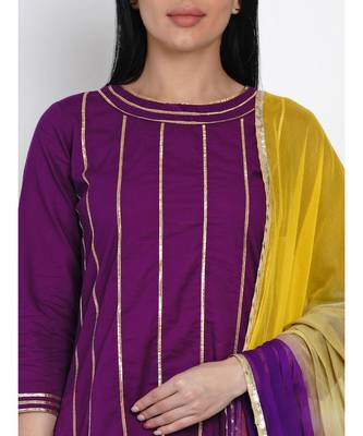 women purple cotton assymetrical kurta and petal pant set along tie and dye dupatta embellished with gota 6