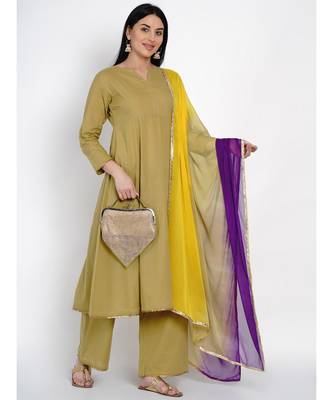 women cotton olive flared kurta and pant set with gota edging and tie and dye dupatta with gota 1