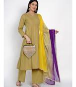 women cotton olive flared kurta and pant set with gota edging and tie and dye dupatta with gota