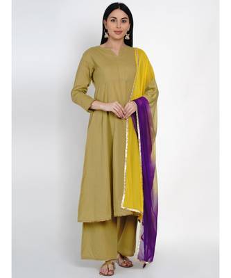 women cotton olive flared kurta and pant set with gota edging and tie and dye dupatta with gota 2