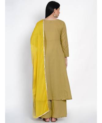 women cotton olive flared kurta and pant set with gota edging and tie and dye dupatta with gota 5