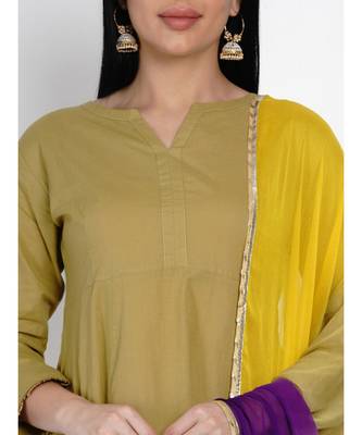 women cotton olive flared kurta and pant set with gota edging and tie and dye dupatta with gota 6