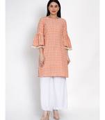 women cotton orange and white check kurta with flounce sleeve and tassles