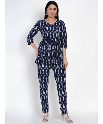 women cotton navy ikkat print cotton set of peplum top and straight pants 1