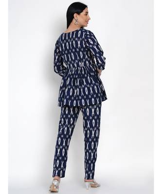 women cotton navy ikkat print cotton set of peplum top and straight pants 5
