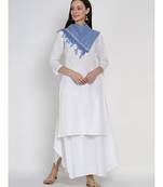 women cotton white basic kurta with blue and white check cotton scarf