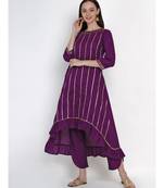women purple cotton assymetrical kurta and petal pant set embellished with gota