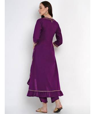 women purple cotton assymetrical kurta and petal pant set embellished with gota 2