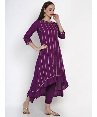 women purple cotton assymetrical kurta and petal pant set embellished with gota 3
