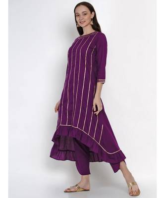 women purple cotton assymetrical kurta and petal pant set embellished with gota 4