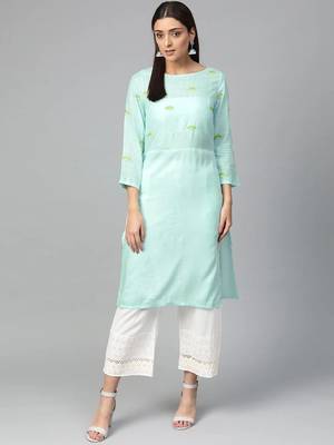 Blue Colored Yoke Design Viscose Rayon Straight Kurta 1